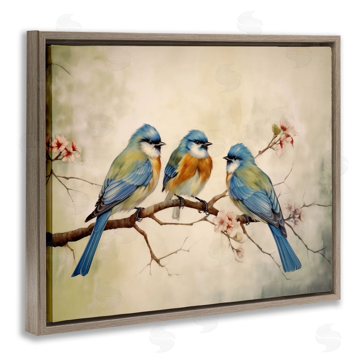 Bird Trio on Branch Brown Floating Frame Canvas Wall Art, Home Decor by Arlington Prints