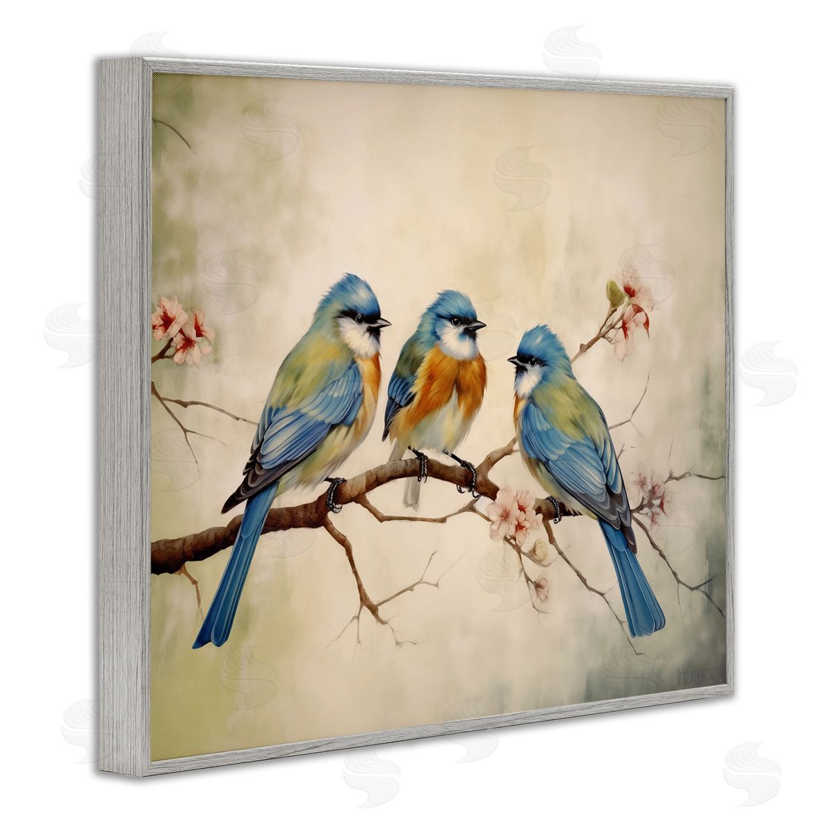 Bird Trio on Branch Grey Frame Print Wall Art, Home Decor by Arlington Prints