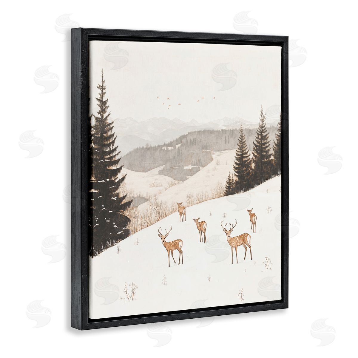 Winter Deer Mountain View Black Floating Frame Canvas Wall Art, Home Decor by Arlington Prints