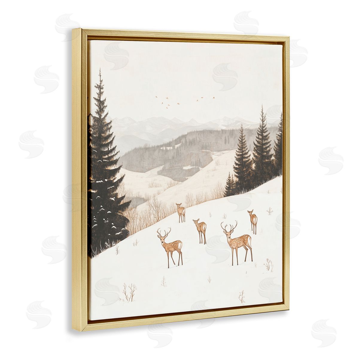 Winter Deer Mountain View Gold Floating Frame Canvas Wall Art, Home Decor by Arlington Prints