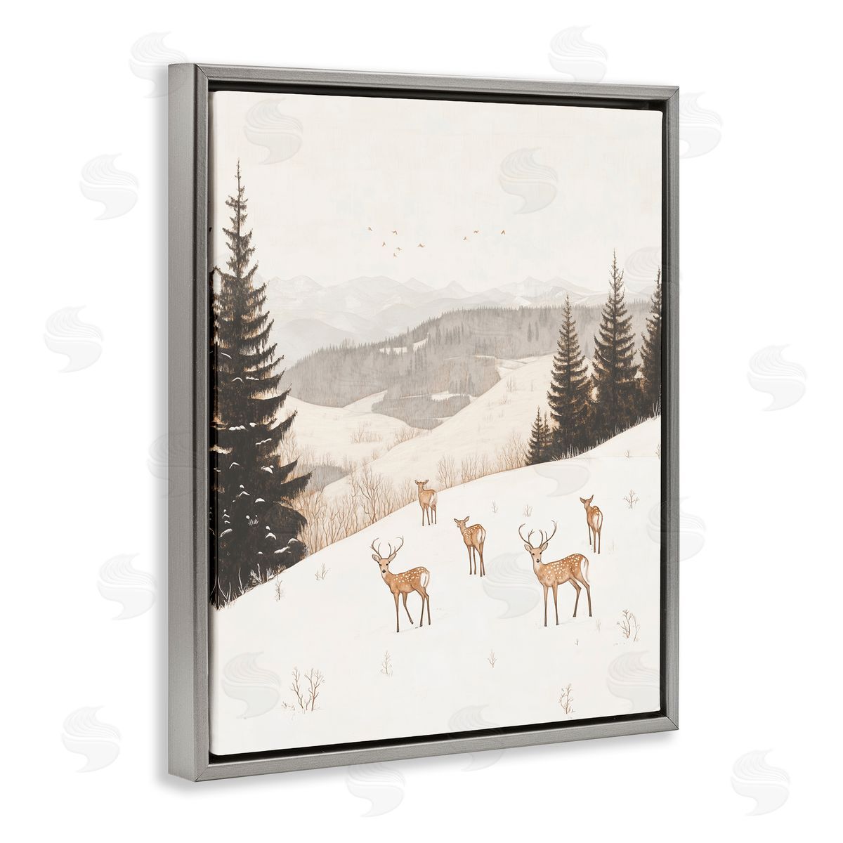 Winter Deer Mountain View Grey Floating Frame Canvas Wall Art, Home Decor by Arlington Prints