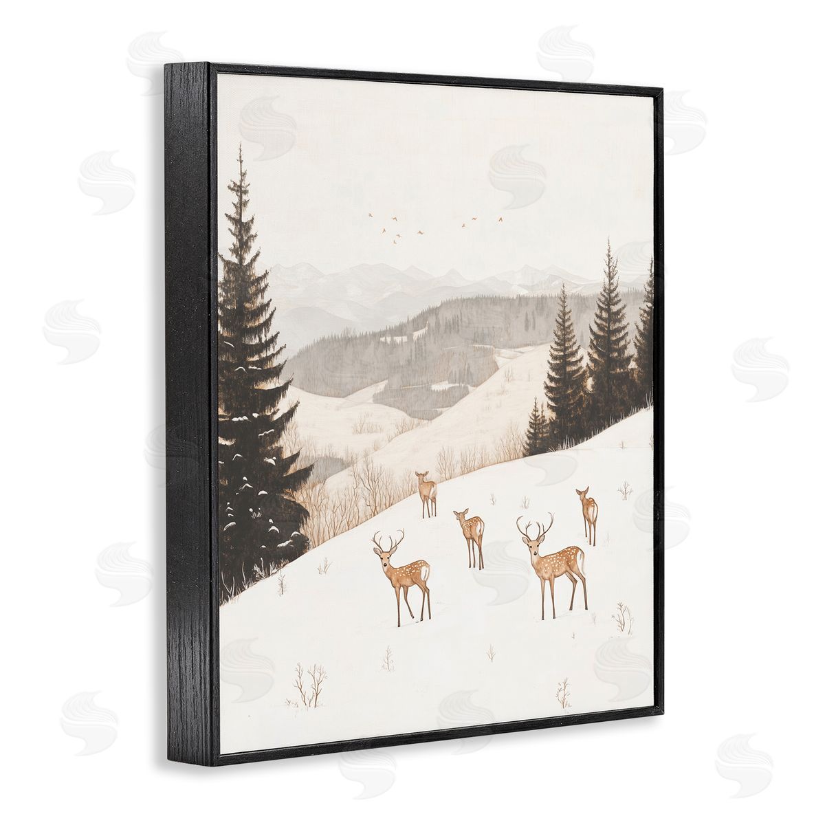 Winter Deer Mountain View Black Frame Print Wall Art, Home Decor by Arlington Prints