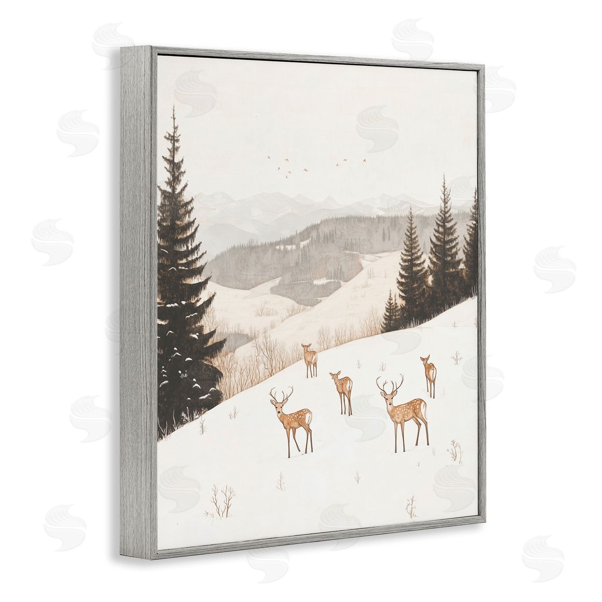 Winter Deer Mountain View Grey Frame Print Wall Art, Home Decor by Arlington Prints