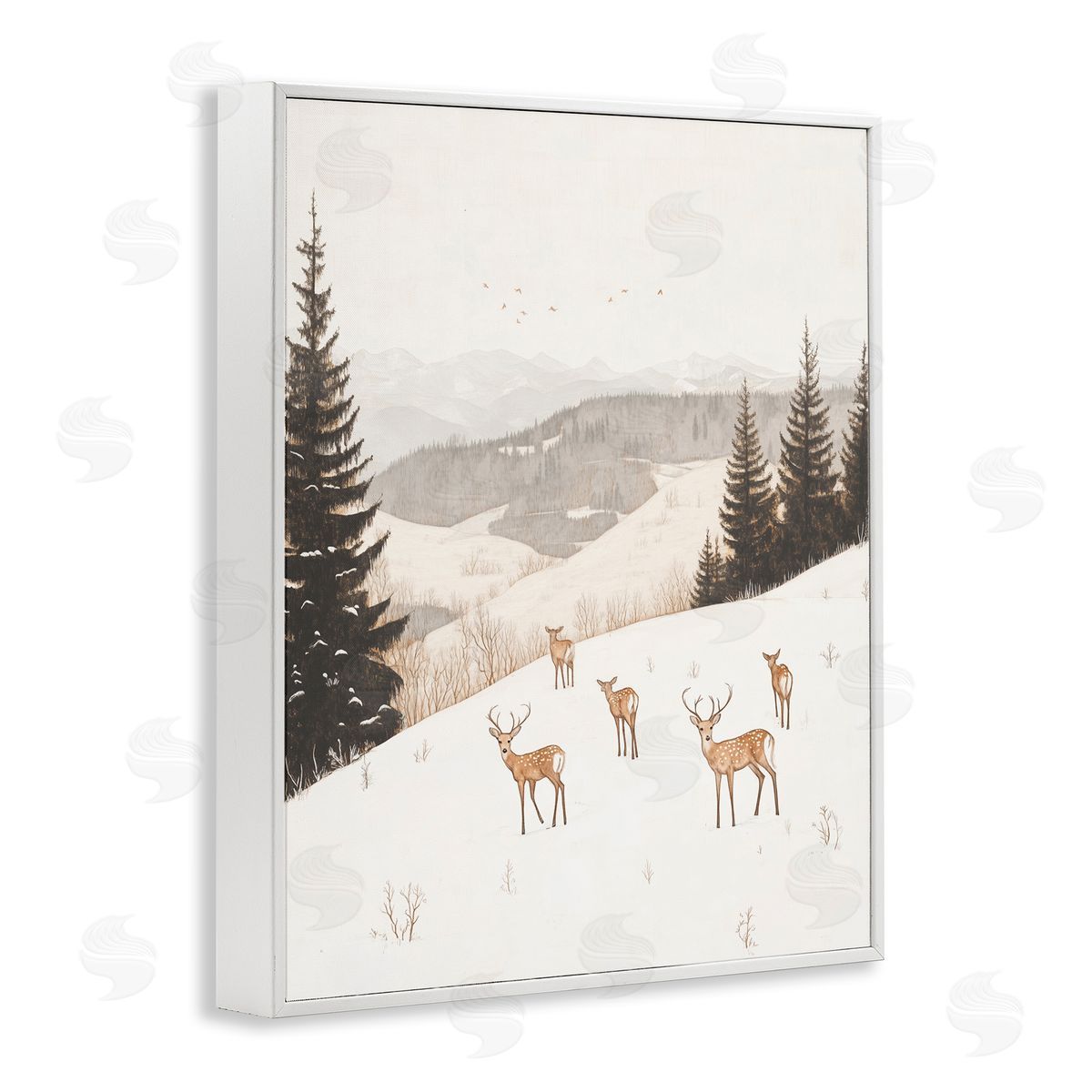 Winter Deer Mountain View White Frame Print Wall Art, Home Decor by Arlington Prints