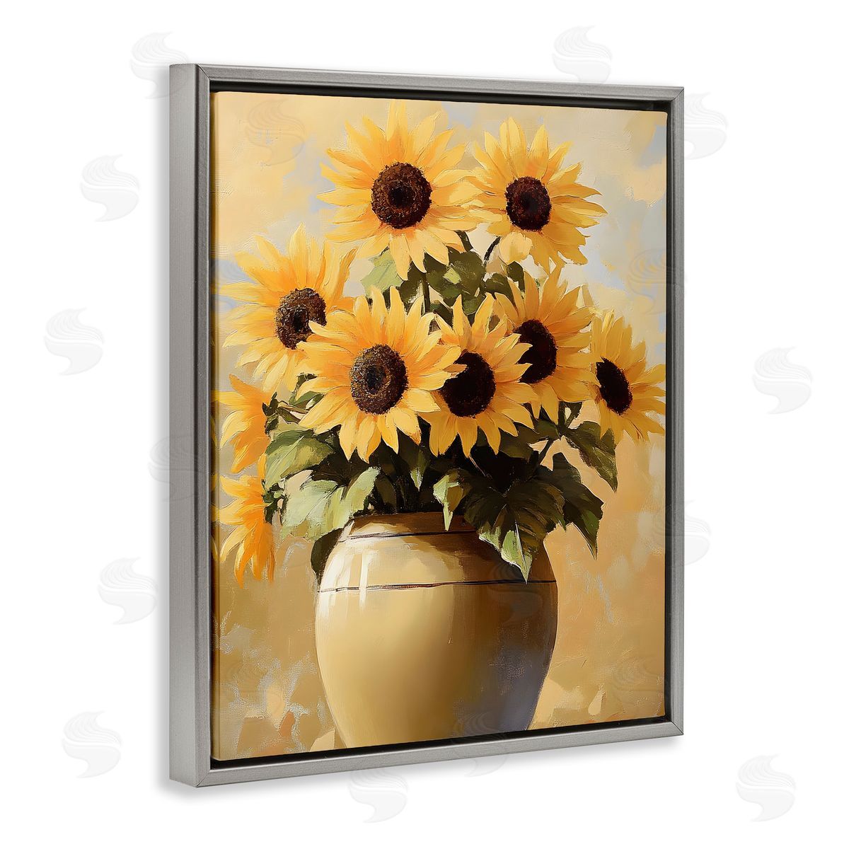 Sunflower Pot Still Life Grey Floating Frame Canvas Wall Art, Home Decor by Franklyn Gregory