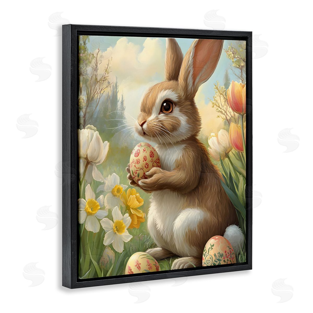 Easter Bunny with Painted Eggs Black Floating Frame Canvas Wall Art, Home Decor by Franklyn Gregory