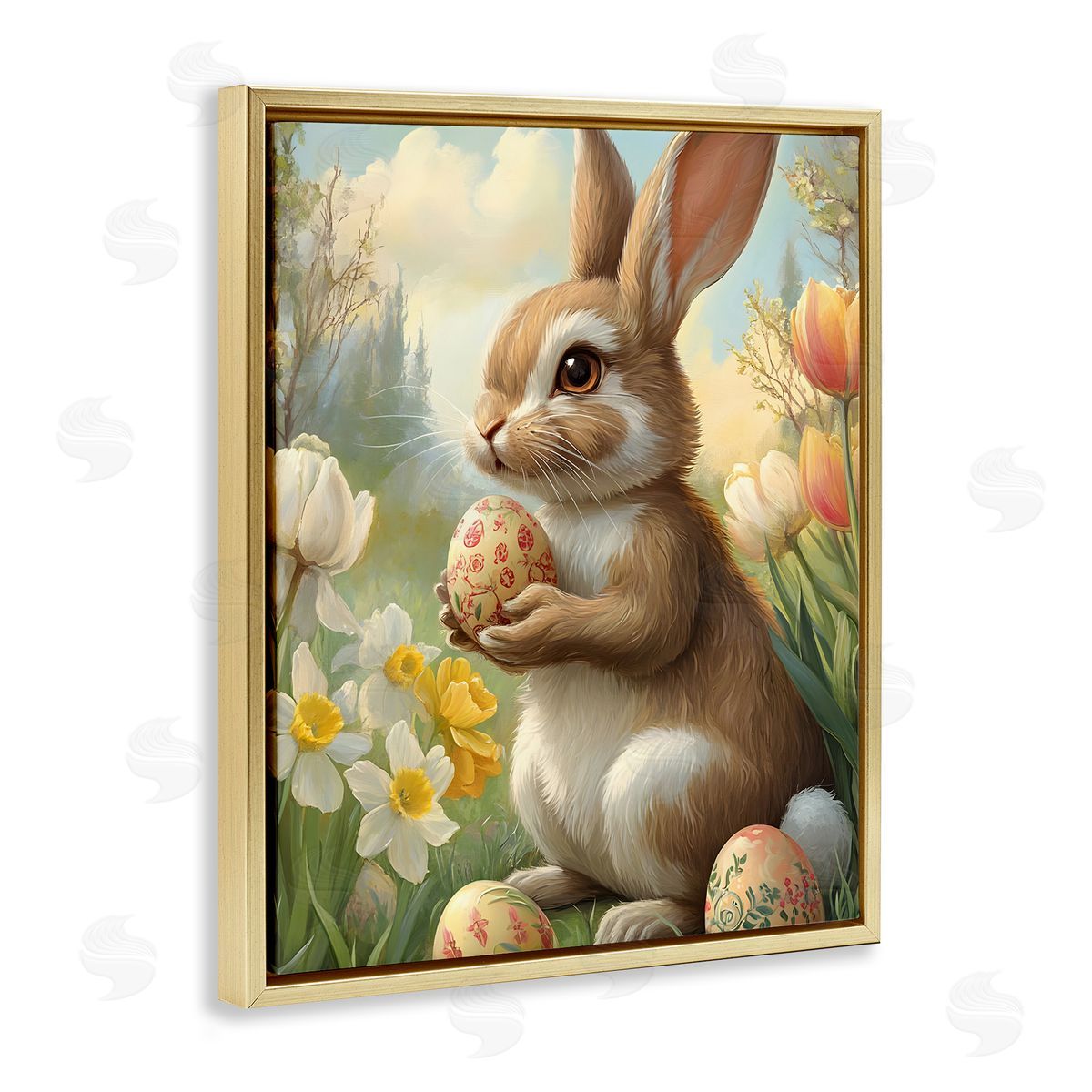 Easter Bunny with Painted Eggs Gold Floating Frame Canvas Wall Art, Home Decor by Franklyn Gregory