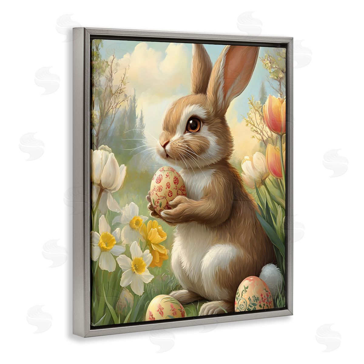 Easter Bunny with Painted Eggs Grey Floating Frame Canvas Wall Art, Home Decor by Franklyn Gregory