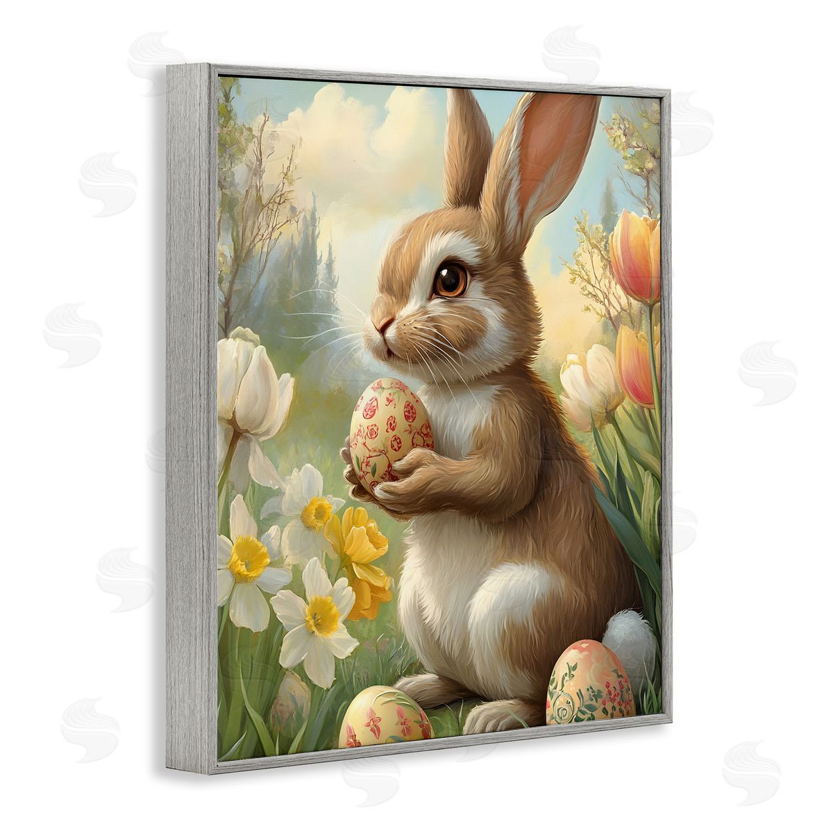 Easter Bunny with Painted Eggs Grey Frame Print Wall Art, Home Decor by Franklyn Gregory