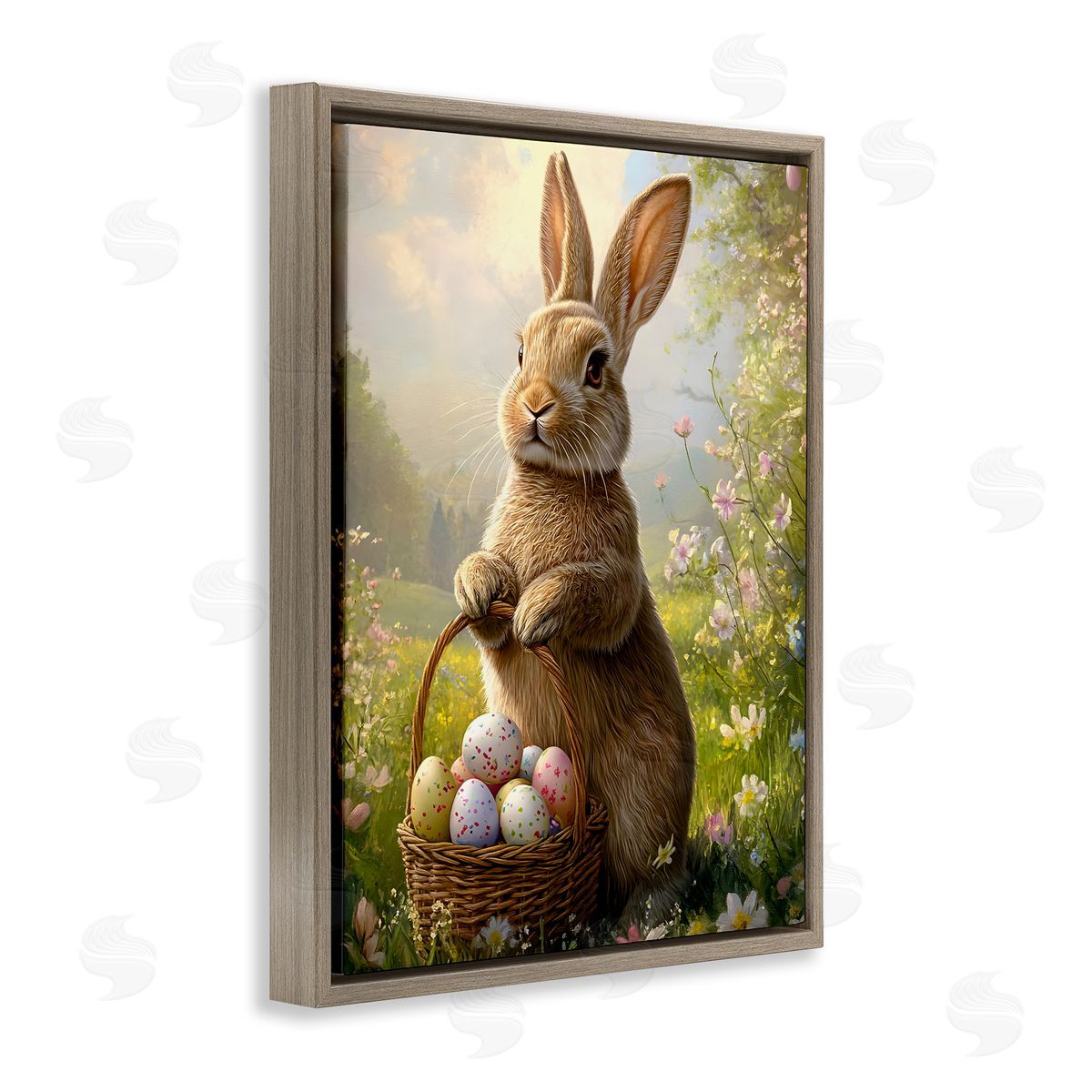 Bunny with Easter Basket Brown Floating Frame Canvas Wall Art, Home Decor by Franklyn Gregory