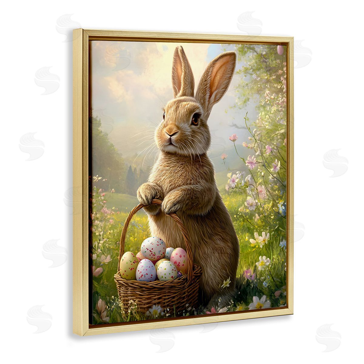 Bunny with Easter Basket Gold Floating Frame Canvas Wall Art, Home Decor by Franklyn Gregory