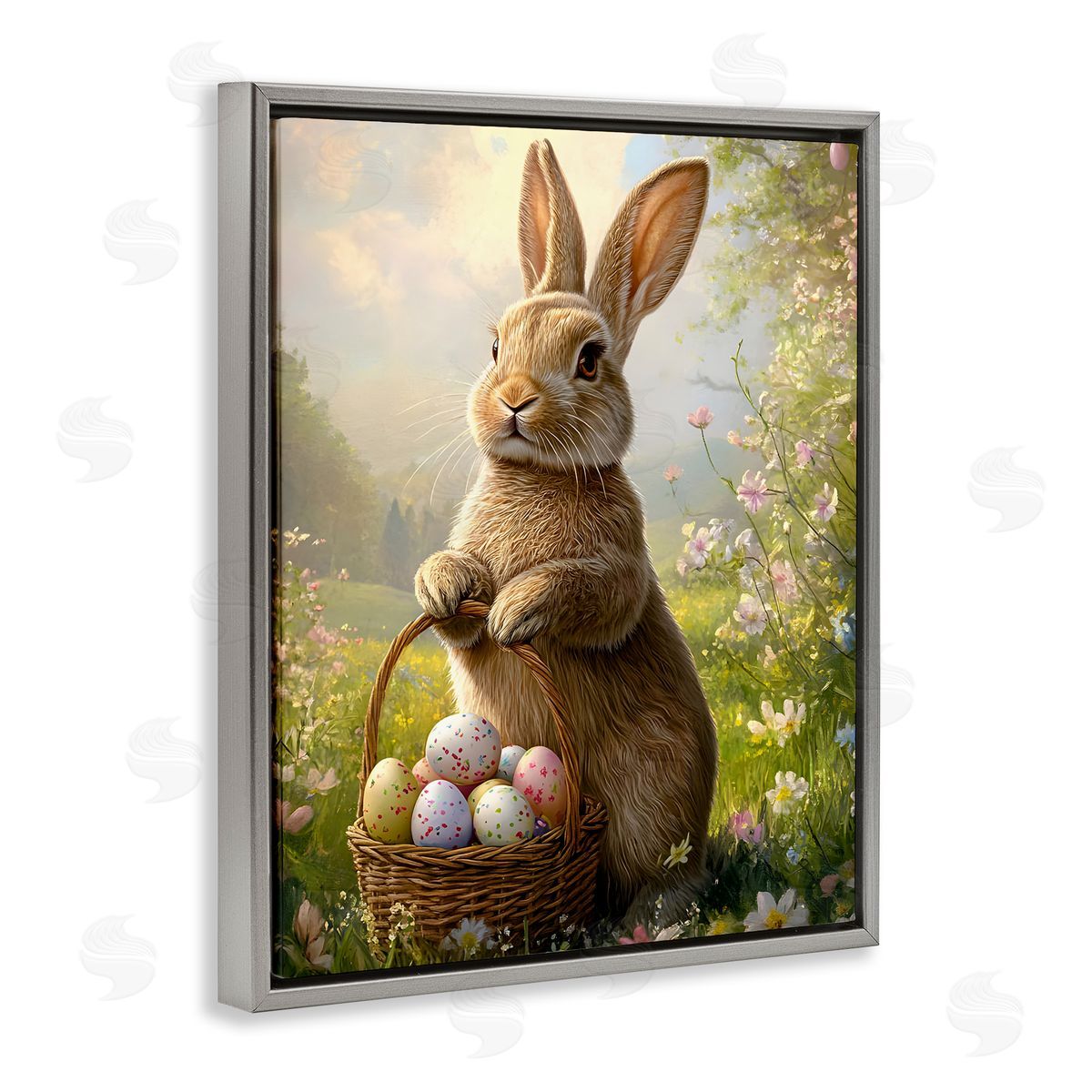 Bunny with Easter Basket Grey Floating Frame Canvas Wall Art, Home Decor by Franklyn Gregory