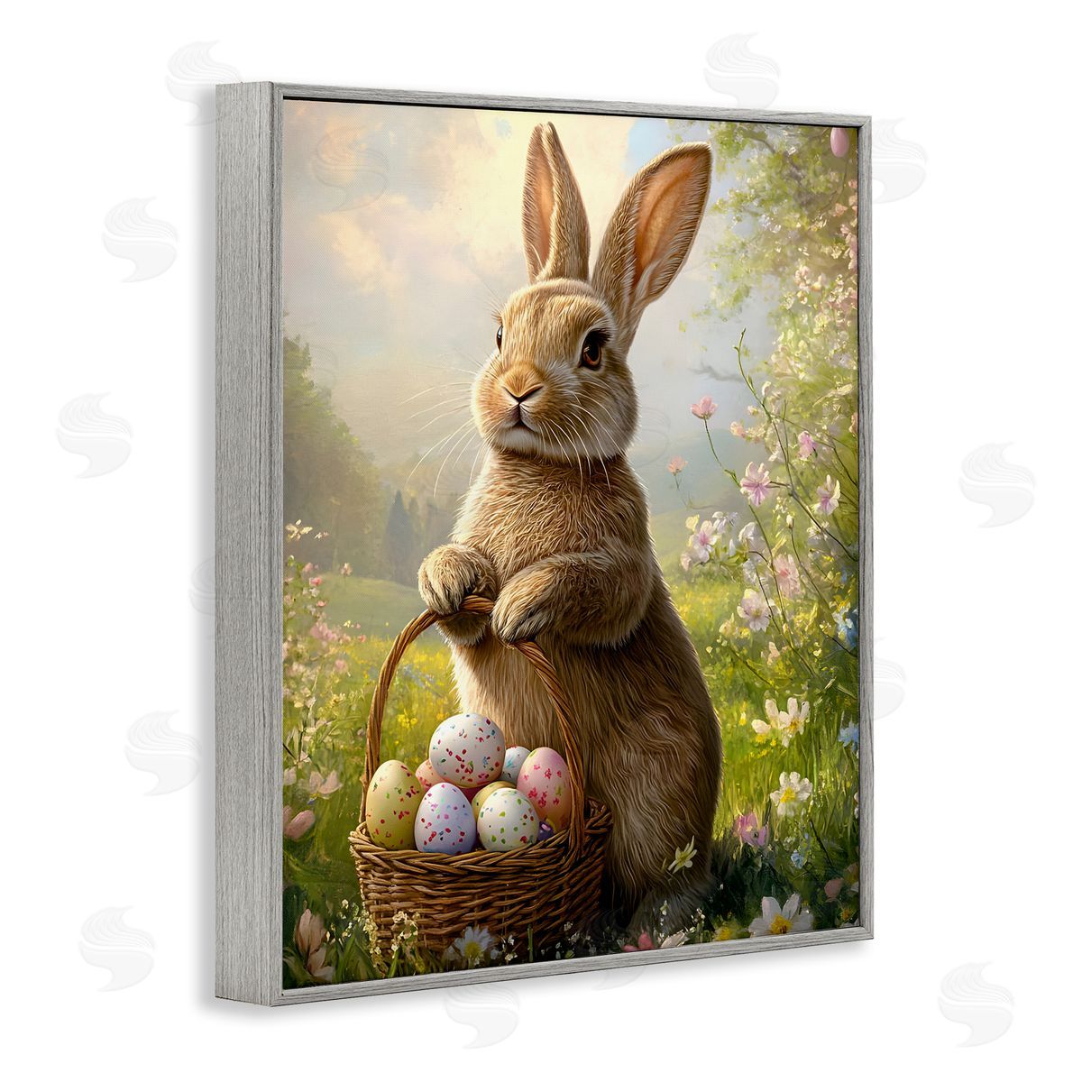 Bunny with Easter Basket Grey Frame Print Wall Art, Home Decor by Franklyn Gregory