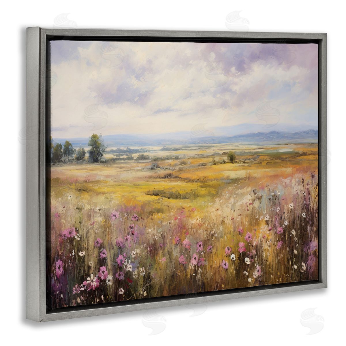 Vast Meadow with Subtle Flowers Grey Floating Frame Canvas Wall Art, Home Decor by Franklyn Gregory