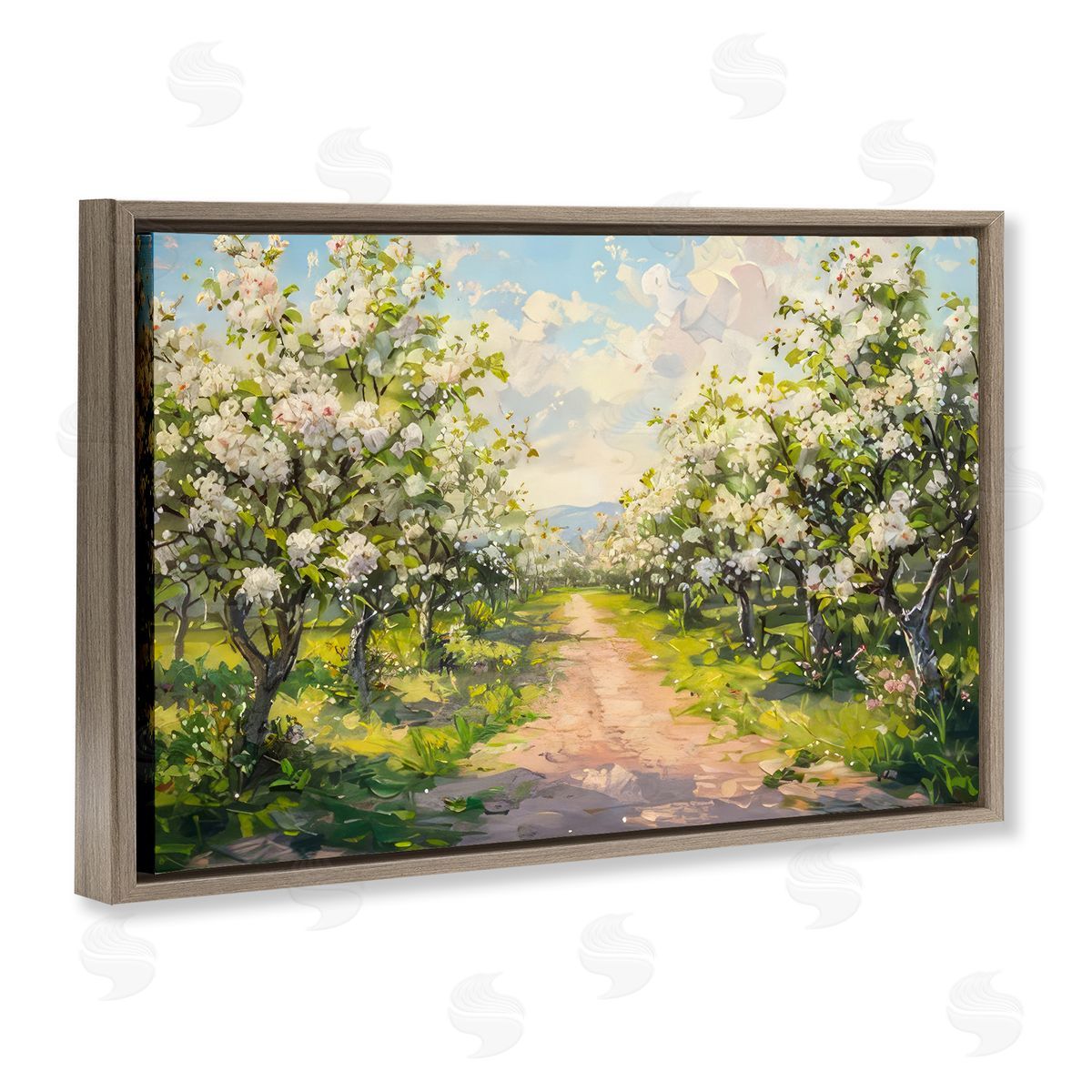 Path Through Flowering Trees Brown Floating Frame Canvas Wall Art, Home Decor by LSR Creative Studio
