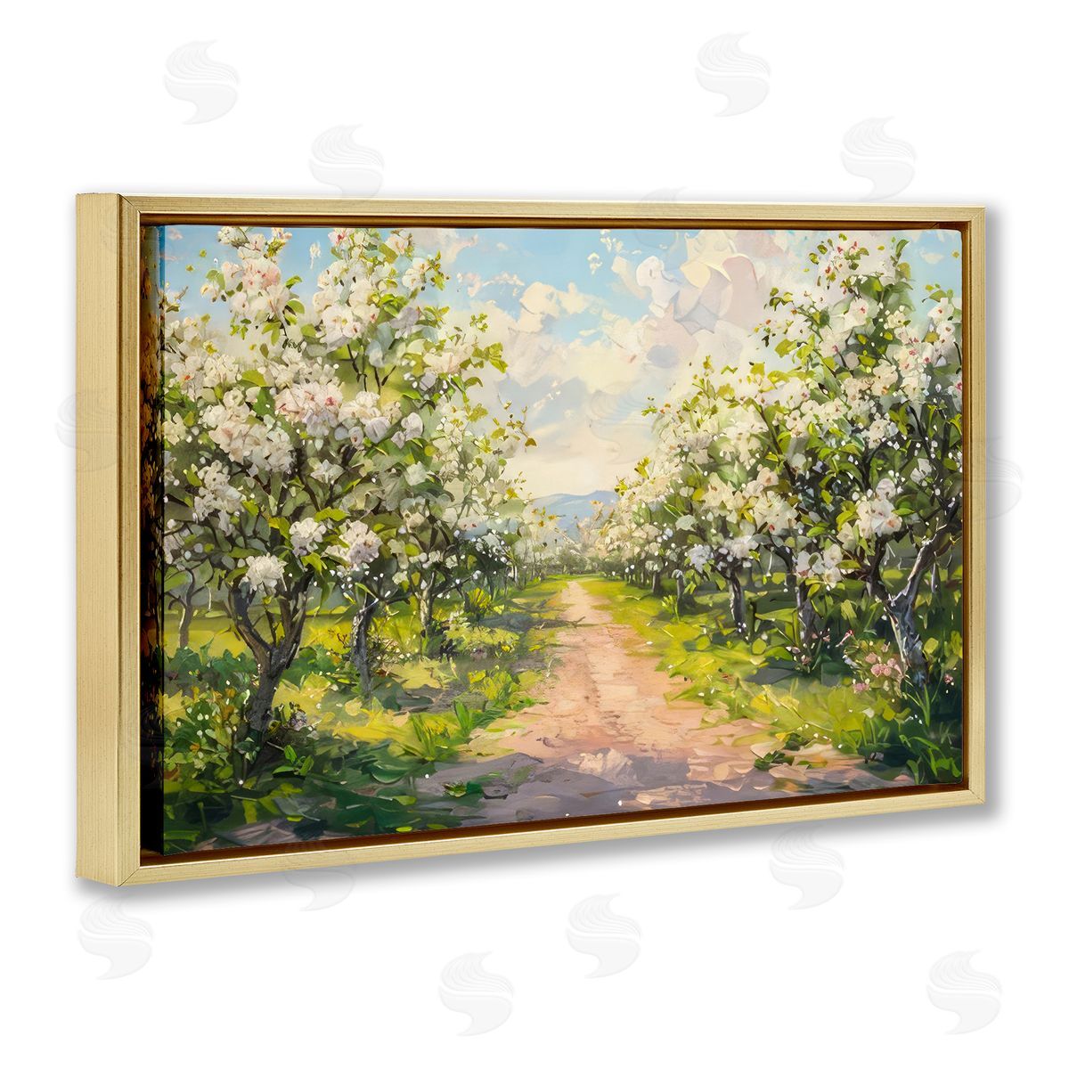 Path Through Flowering Trees Gold Floating Frame Canvas Wall Art, Home Decor by LSR Creative Studio