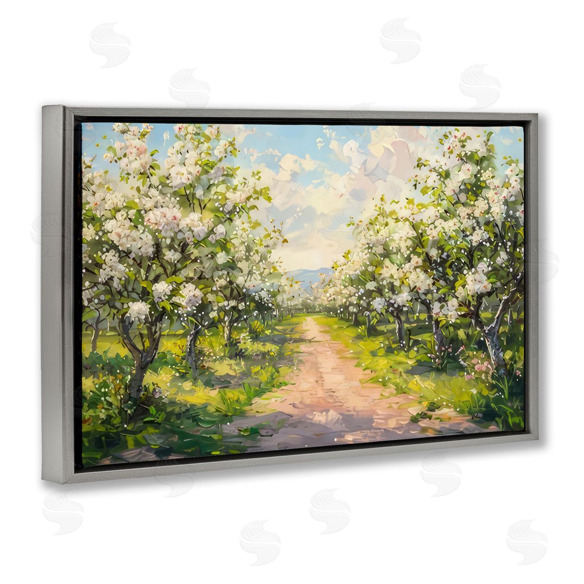 Path Through Flowering Trees Grey Floating Frame Canvas Wall Art, Home Decor by LSR Creative Studio