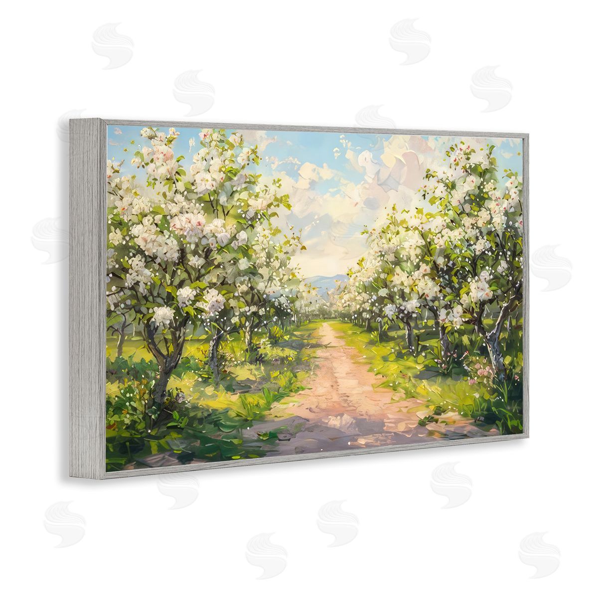 Path Through Flowering Trees Grey Frame Print Wall Art, Home Decor by LSR Creative Studio