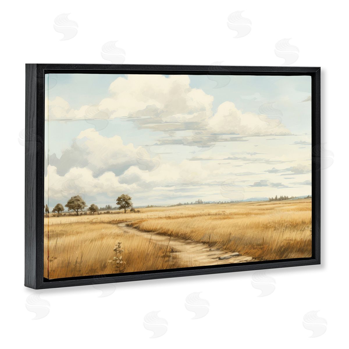 Path Through Vast Grassland Black Floating Frame Canvas Wall Art, Home Decor by LSR Creative Studio