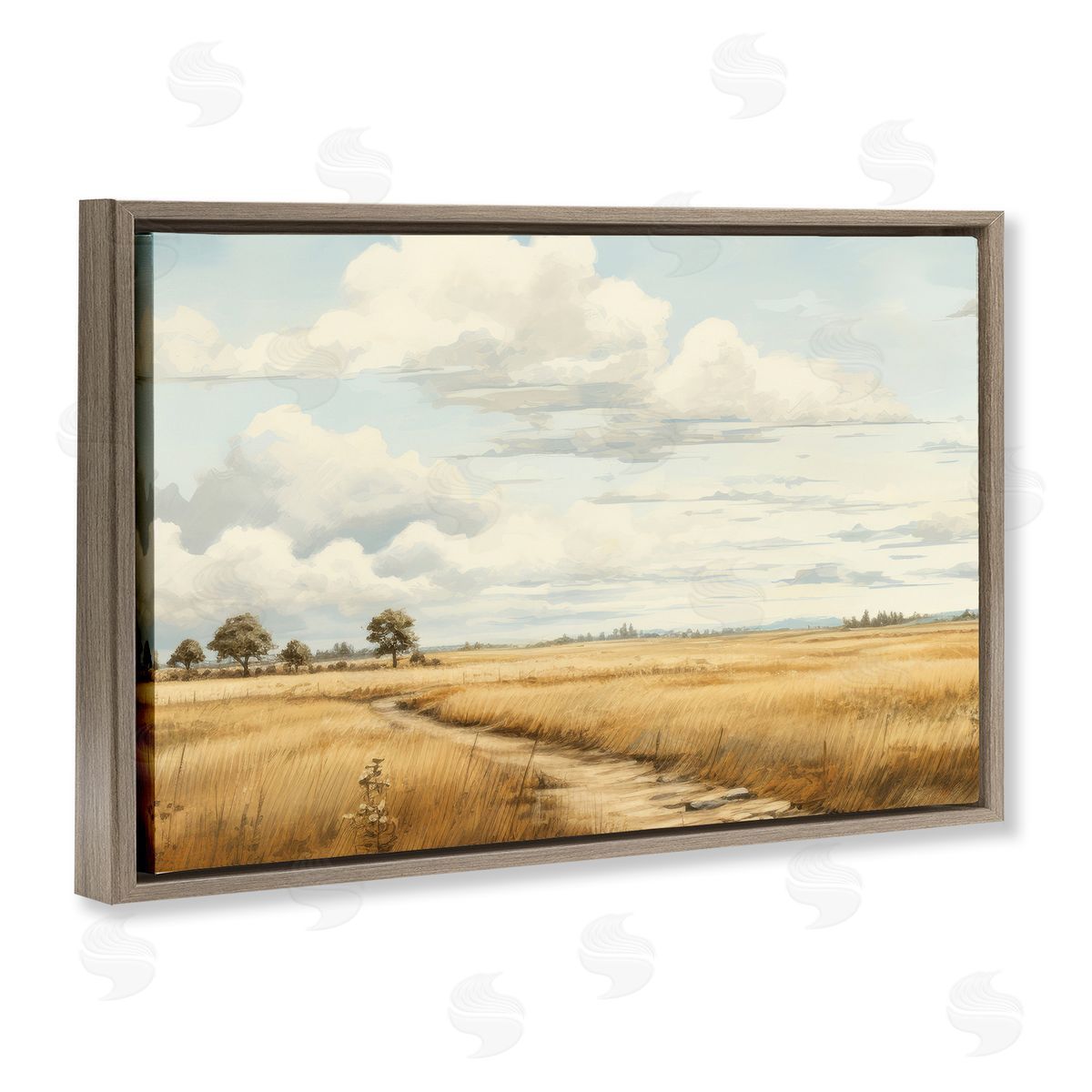 Path Through Vast Grassland Brown Floating Frame Canvas Wall Art, Home Decor by LSR Creative Studio