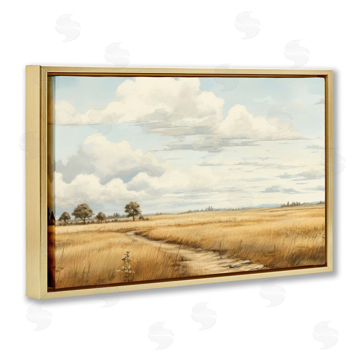 Path Through Vast Grassland Gold Floating Frame Canvas Wall Art, Home Decor by LSR Creative Studio