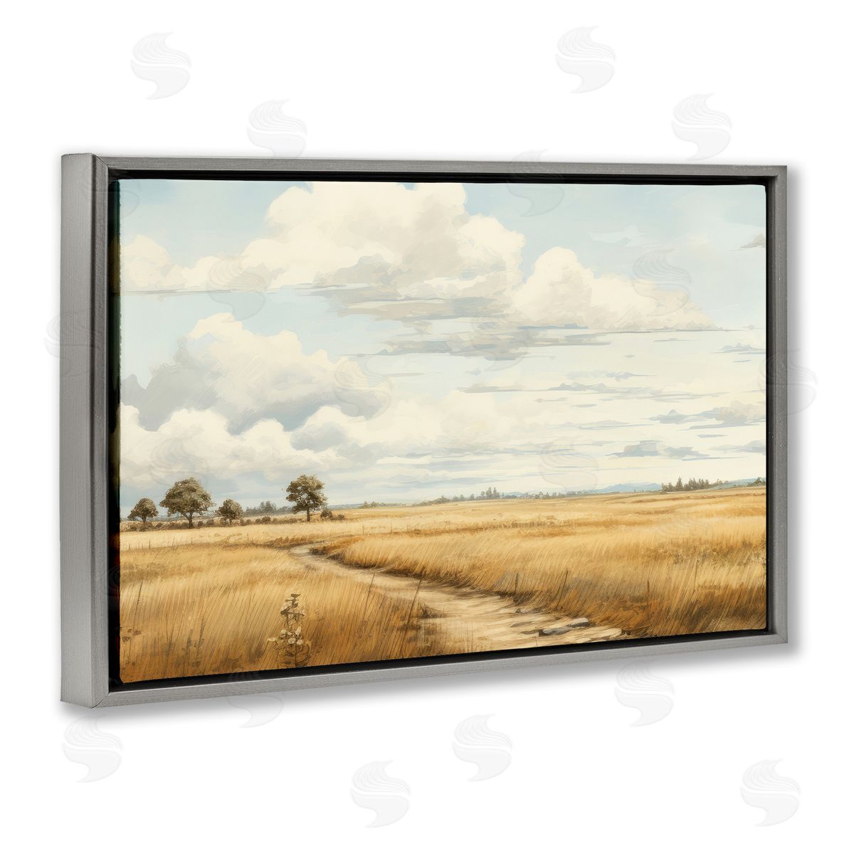 Path Through Vast Grassland Grey Floating Frame Canvas Wall Art, Home Decor by LSR Creative Studio