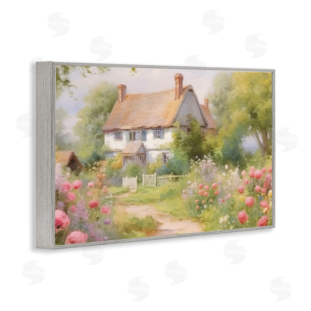 Nature Filled Cottage Garden Grey Frame Print Wall Art, Home Decor by Nini Art