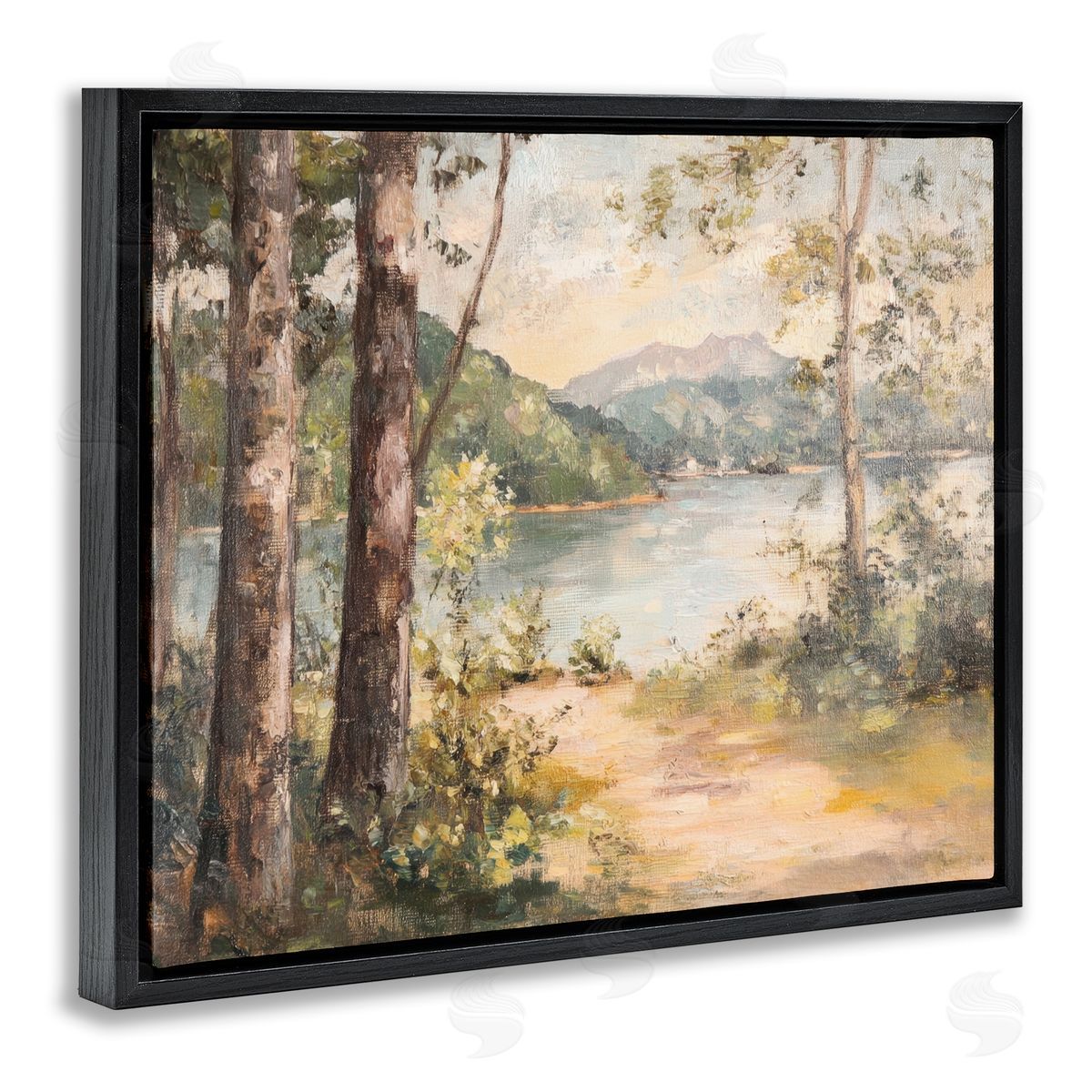 Peaceful Lakeside Landscape Black Floating Frame Canvas Wall Art, Home Decor by Petal Prints Design