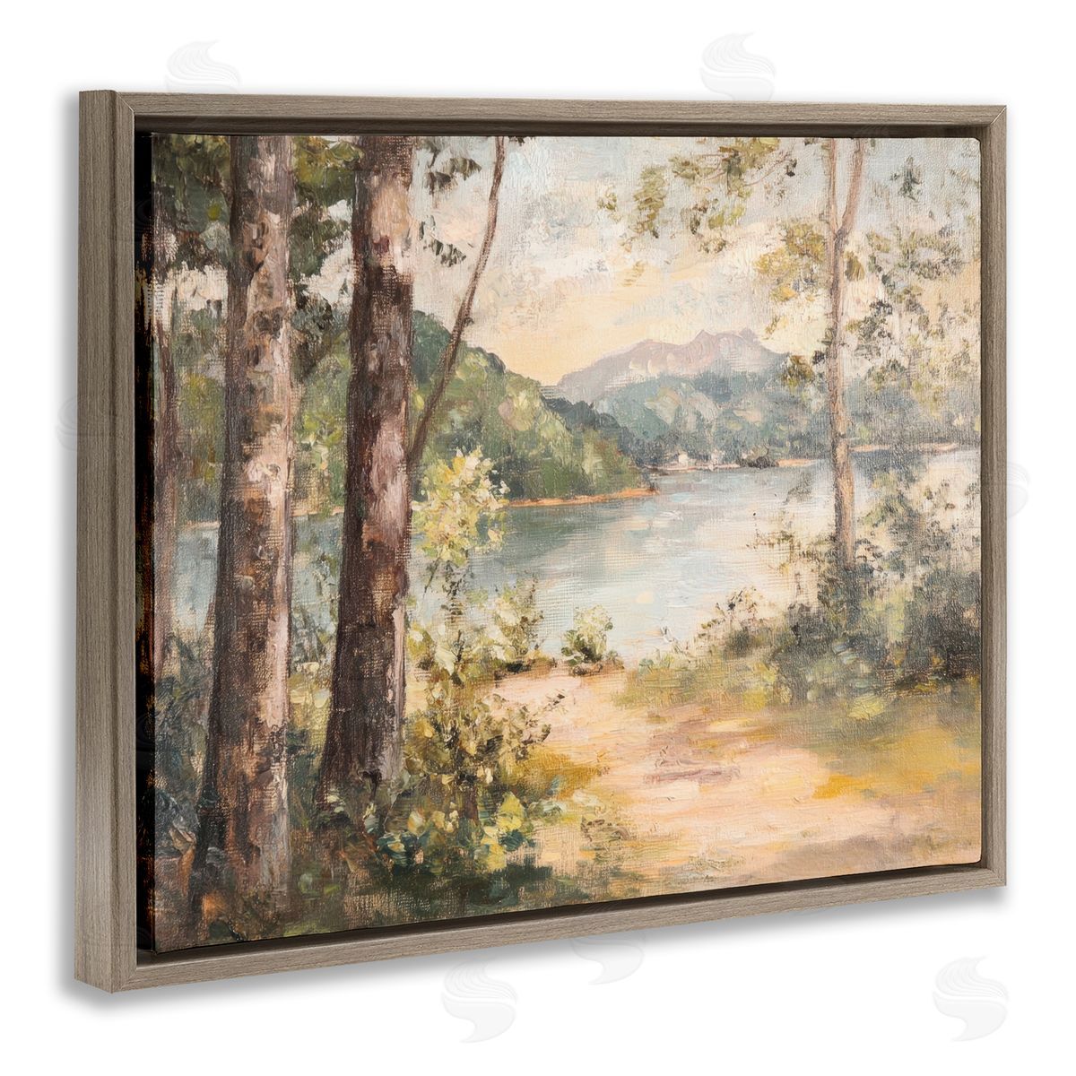 Peaceful Lakeside Landscape Brown Floating Frame Canvas Wall Art, Home Decor by Petal Prints Design