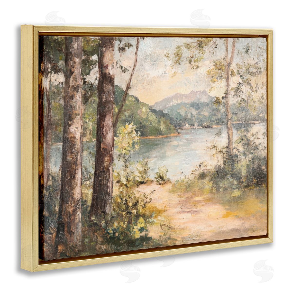 Peaceful Lakeside Landscape Gold Floating Frame Canvas Wall Art, Home Decor by Petal Prints Design