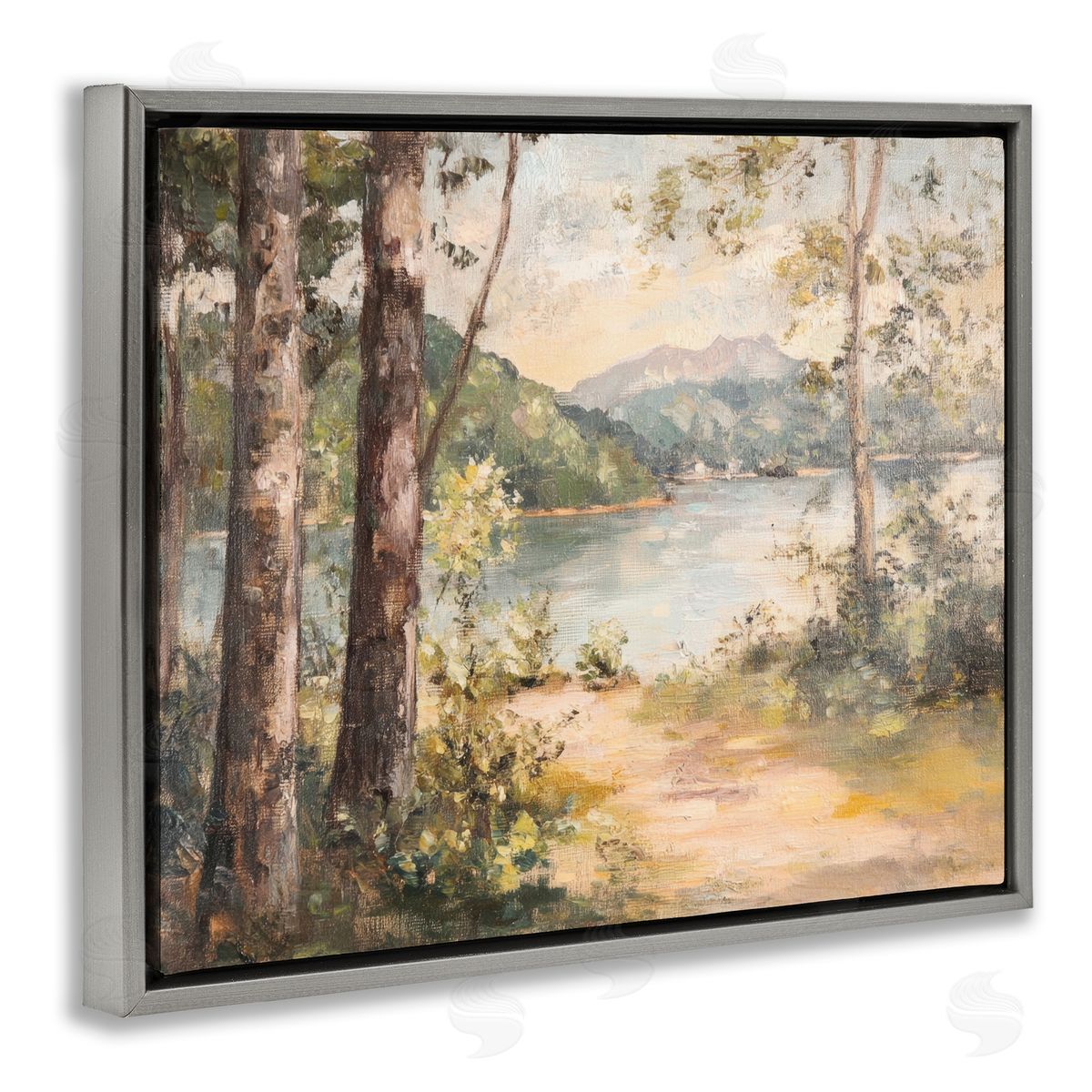 Peaceful Lakeside Landscape Grey Floating Frame Canvas Wall Art, Home Decor by Petal Prints Design