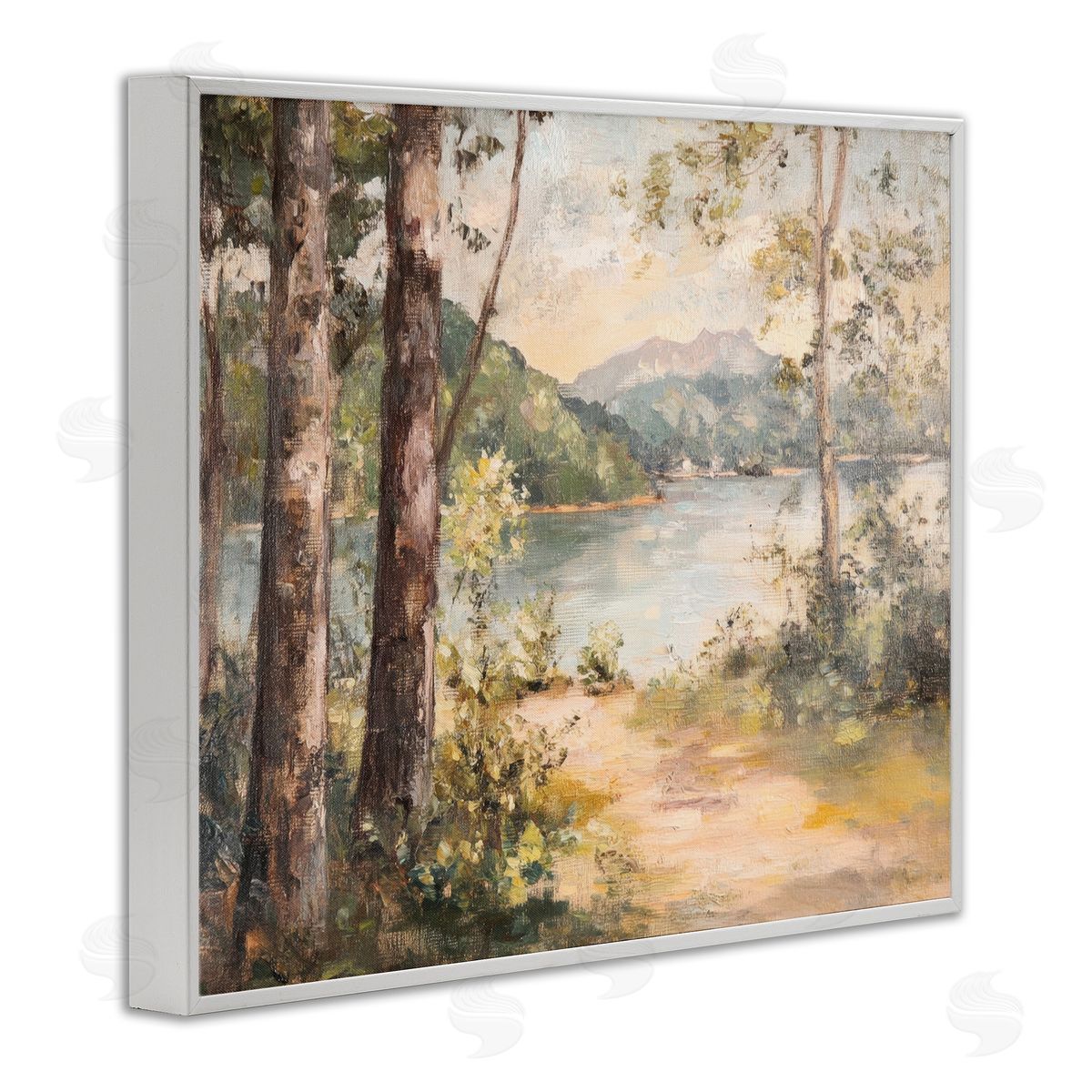 Peaceful Lakeside Landscape White Frame Print Wall Art, Home Decor by Petal Prints Design