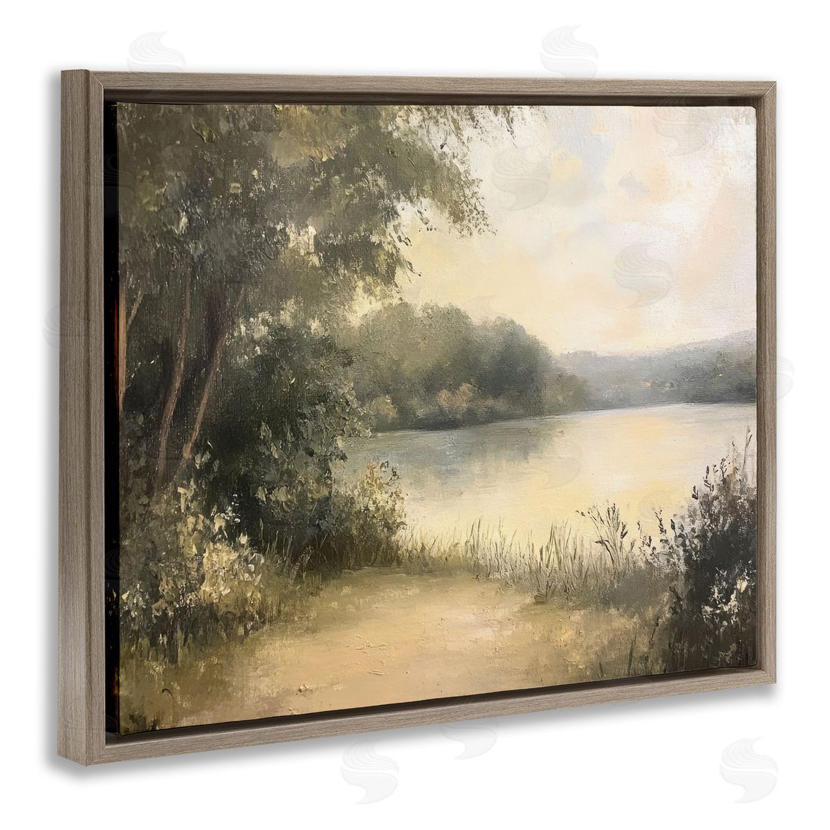 Shore of Peaceful Lake Brown Floating Frame Canvas Wall Art, Home Decor by Petal Prints Design