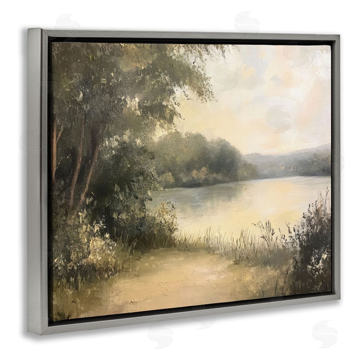 Shore of Peaceful Lake Grey Floating Frame Canvas Wall Art, Home Decor by Petal Prints Design