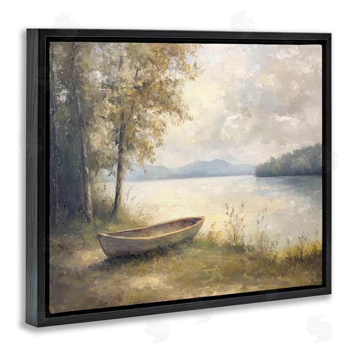 Boat at Lake's Edge Black Floating Frame Canvas Wall Art, Home Decor by Petal Prints Design