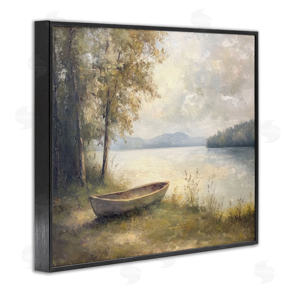 Boat at Lake's Edge Black Frame Print Wall Art, Home Decor by Petal Prints Design