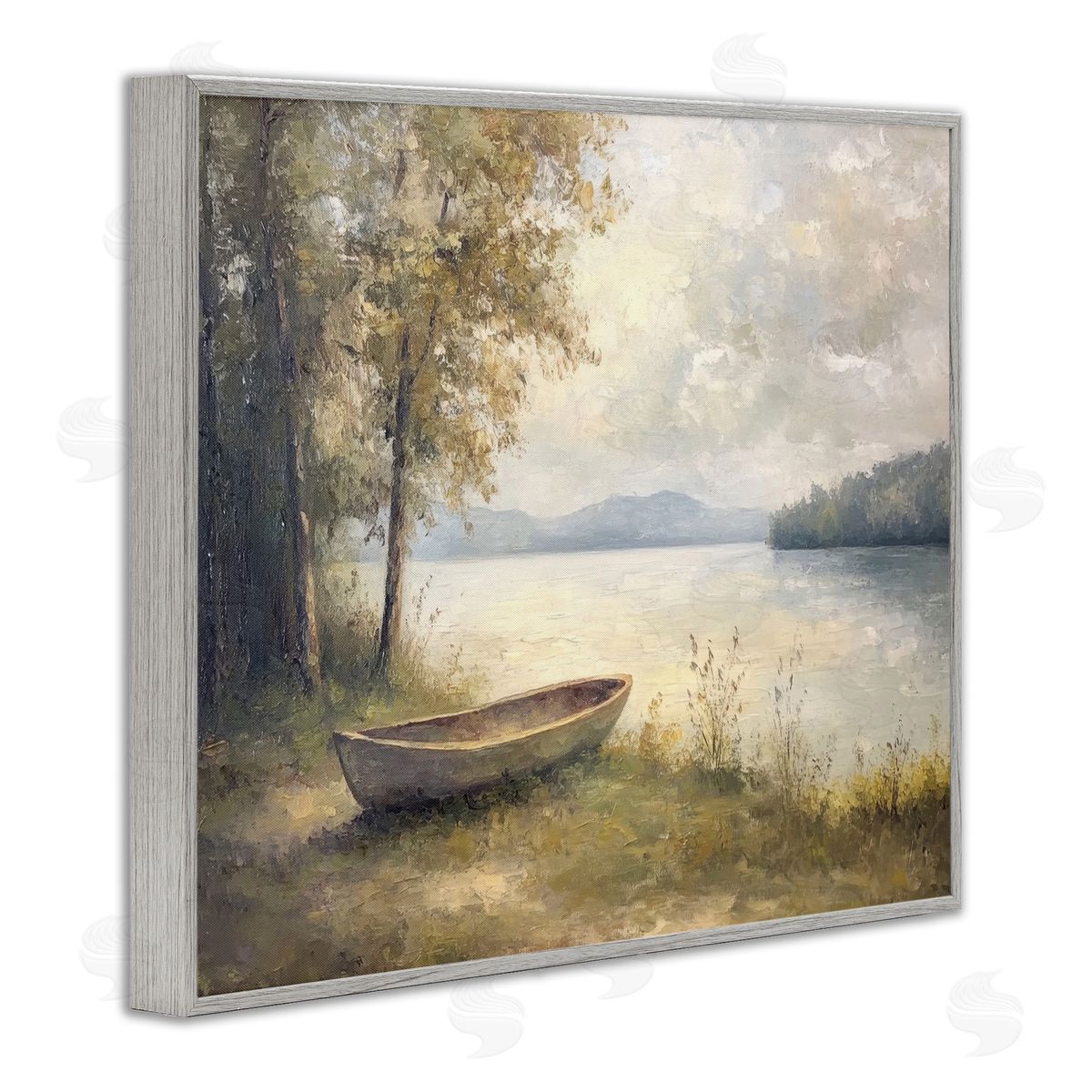 Boat at Lake's Edge Grey Frame Print Wall Art, Home Decor by Petal Prints Design