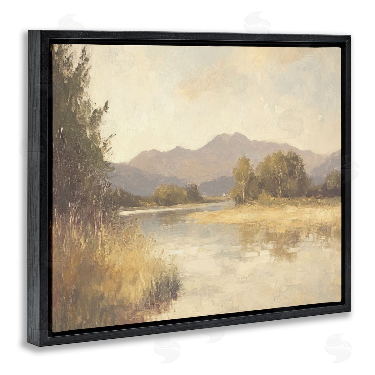 Wild River Mountain View Black Floating Frame Canvas Wall Art, Home Decor by Petal Prints Design