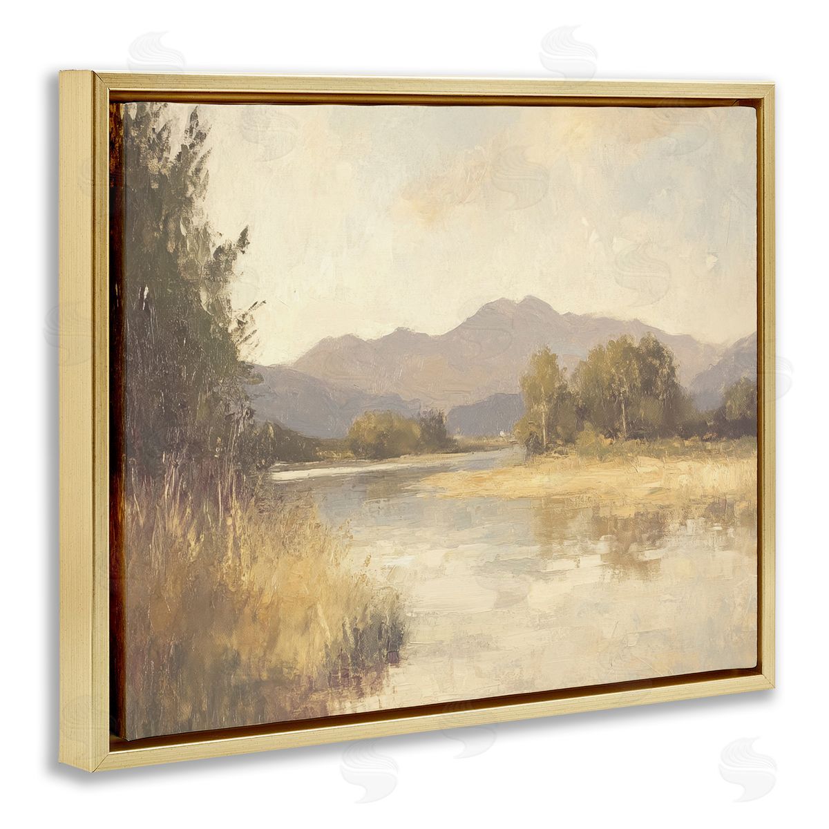 Wild River Mountain View Gold Floating Frame Canvas Wall Art, Home Decor by Petal Prints Design