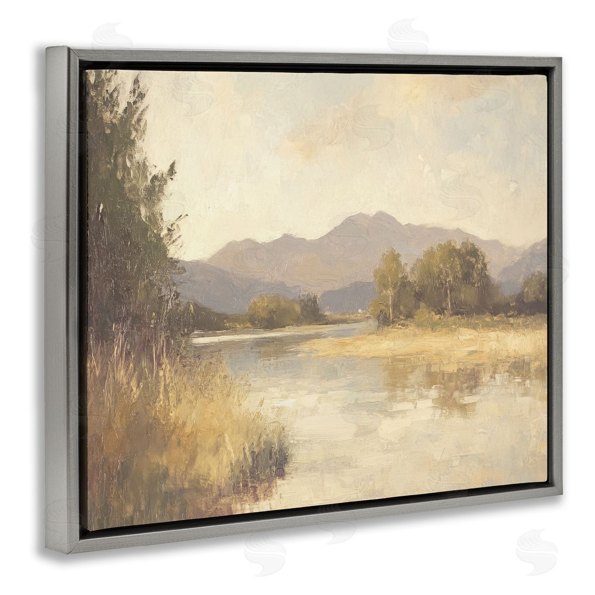 Wild River Mountain View Grey Floating Frame Canvas Wall Art, Home Decor by Petal Prints Design