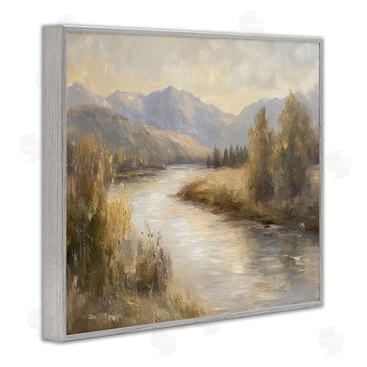 Flowing River & Distant Mountains Grey Frame Print Wall Art, Home Decor by Petal Prints Design