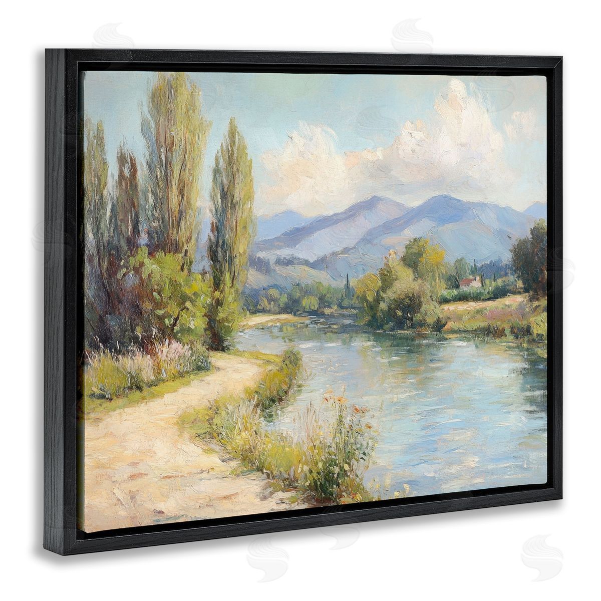 Along The Mountain River Black Floating Frame Canvas Wall Art, Home Decor by Petal Prints Design