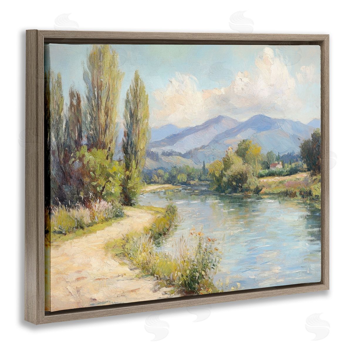 Along The Mountain River Brown Floating Frame Canvas Wall Art, Home Decor by Petal Prints Design