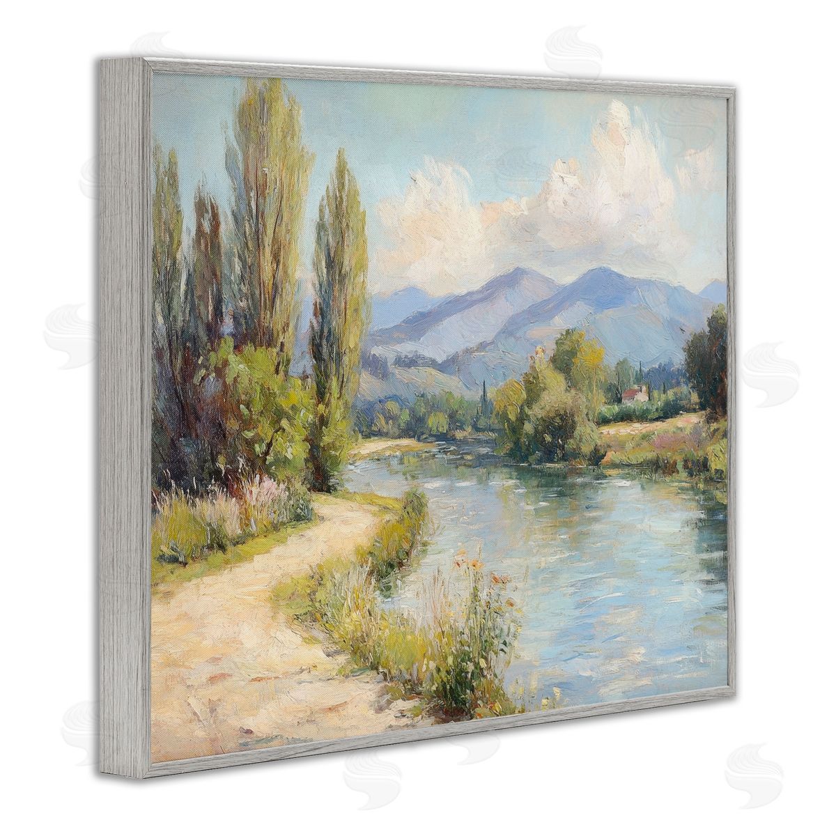 Along The Mountain River Grey Frame Print Wall Art, Home Decor by Petal Prints Design