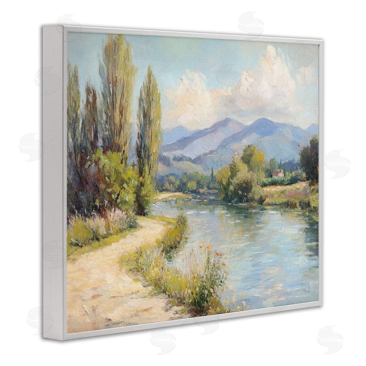 Along The Mountain River White Frame Print Wall Art, Home Decor by Petal Prints Design