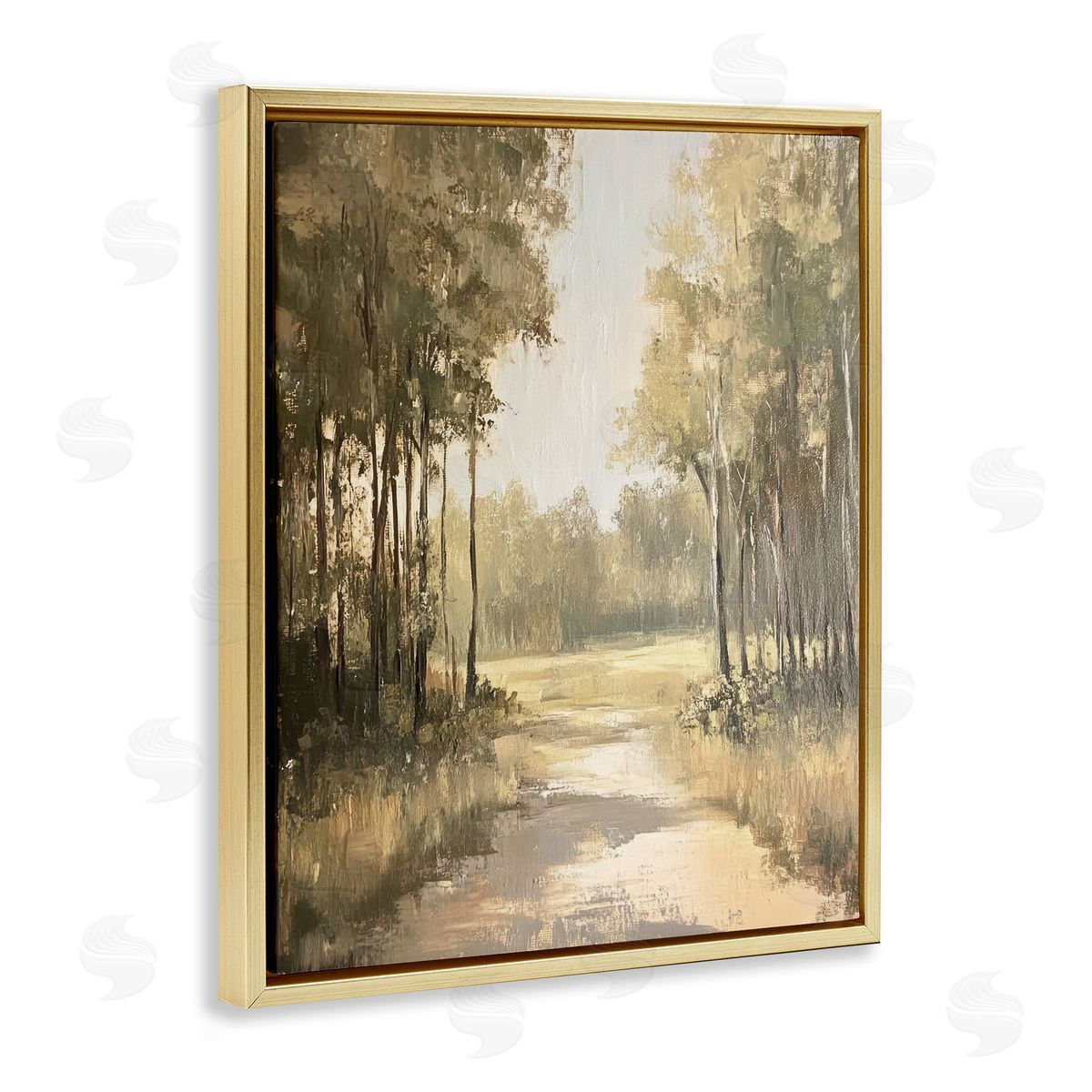 To The Woods Pathway Gold Floating Frame Canvas Wall Art, Home Decor by Petal Prints Design