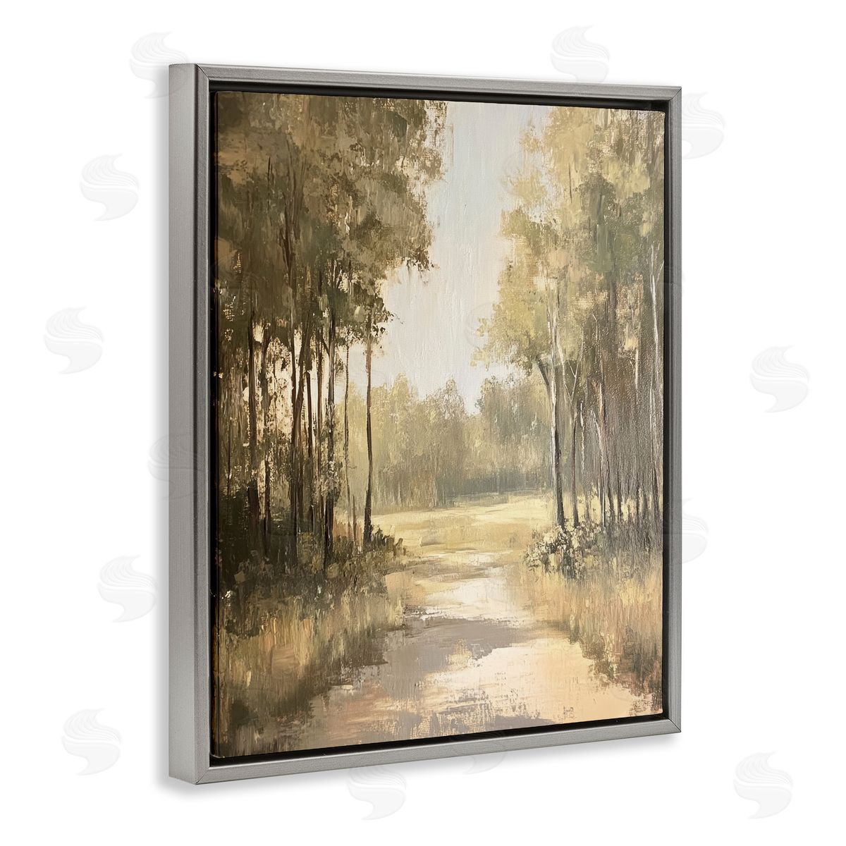 To The Woods Pathway Grey Floating Frame Canvas Wall Art, Home Decor by Petal Prints Design