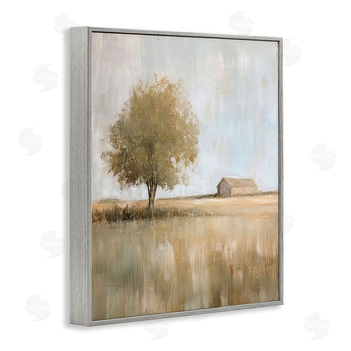 Distant Barn and Lone Tree Grey Frame Print Wall Art, Home Decor by Petal Prints Design