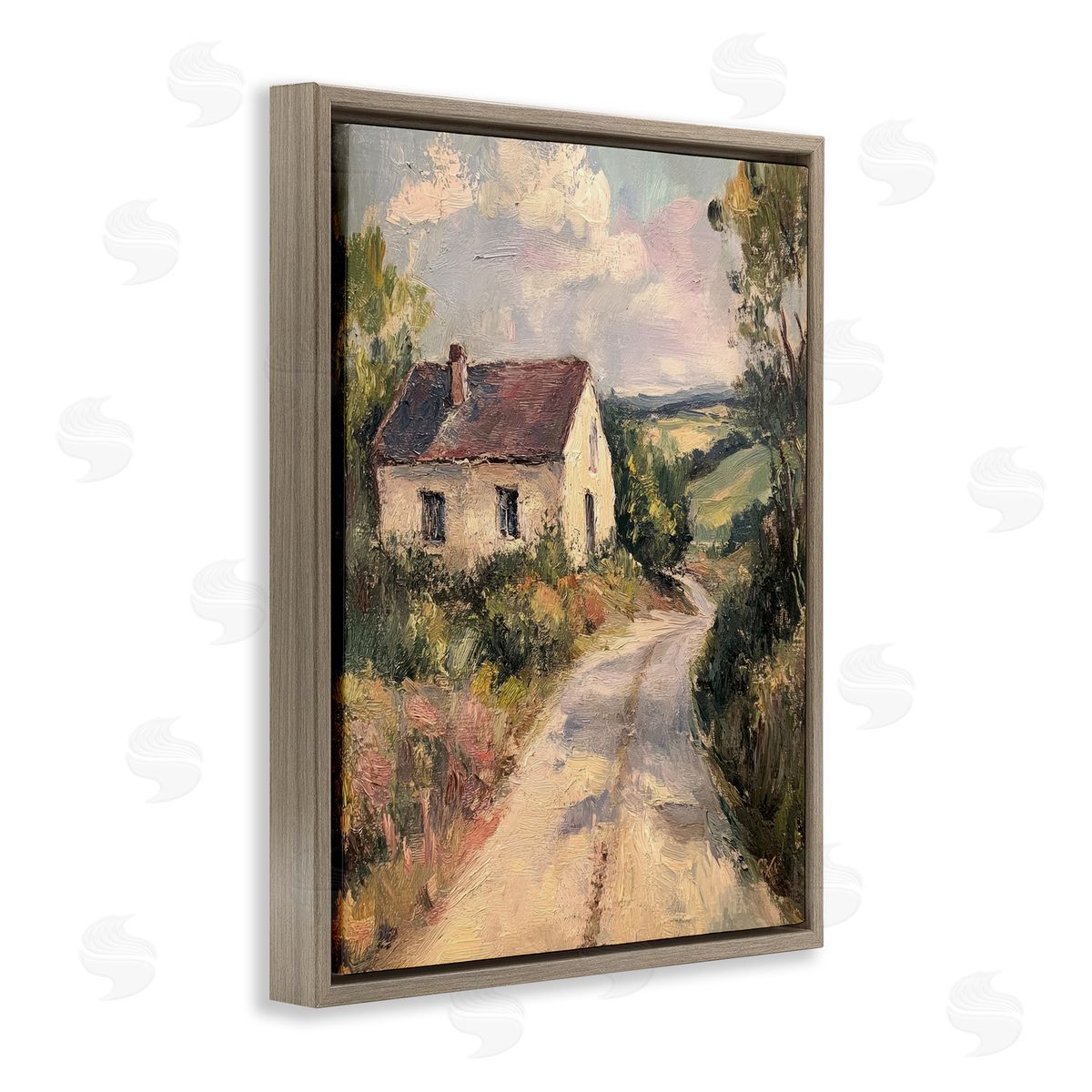 Scenic Cottage Road Brown Floating Frame Canvas Wall Art, Home Decor by Petal Prints Design
