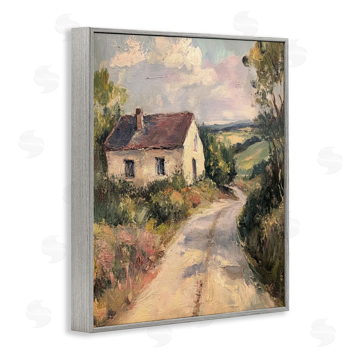 Scenic Cottage Road Grey Frame Print Wall Art, Home Decor by Petal Prints Design